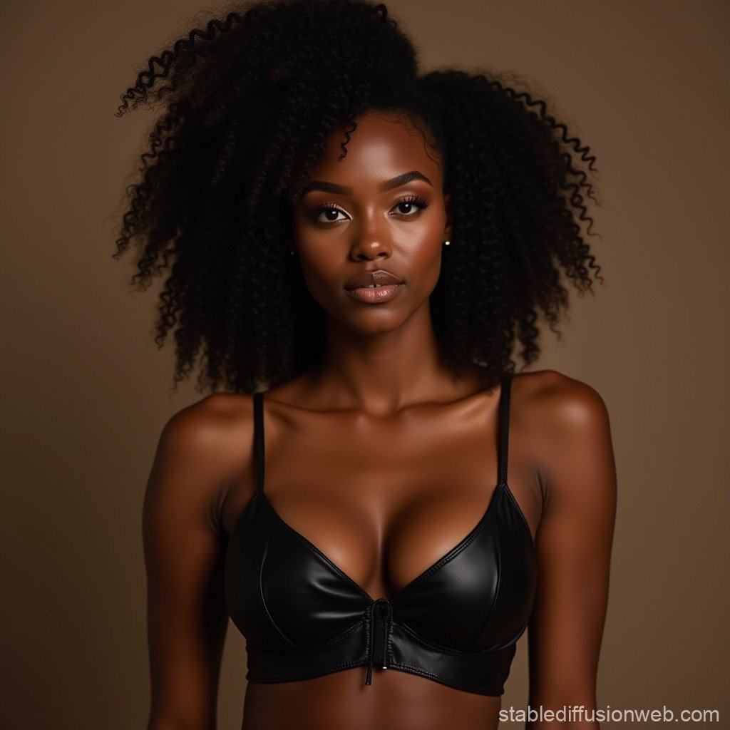 Model wearing a sheer black bodysuit, standing, soft directional light.
